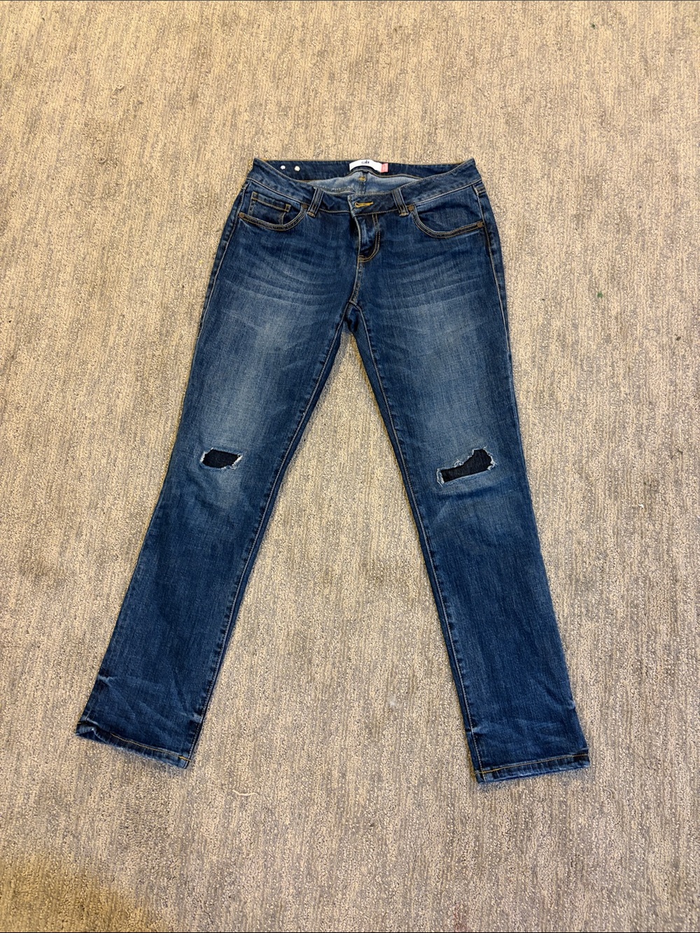 CAbi Dark Blue Straight-Leg Jeans with Knee Distress